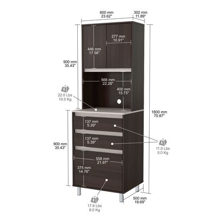 Inval Breakroom Cabinet With 4-Doors and 3-Drawers 23.62 in W x 11.89 in D x 70.87 in H in Espresso and Amber Grey AL-3913